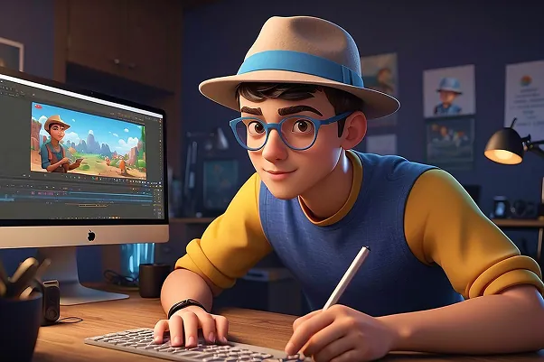 3D Character working at computer