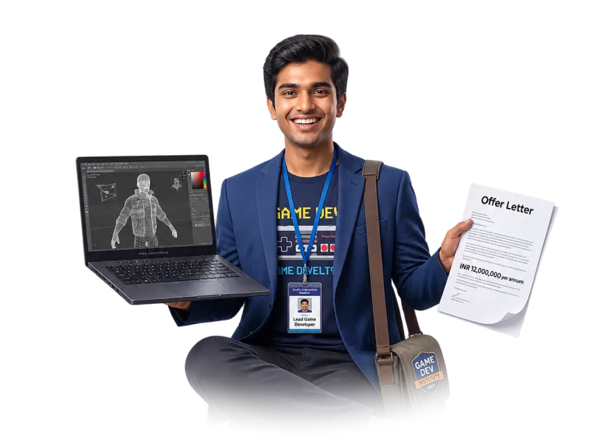 Student holding a laptop with a job offer letter